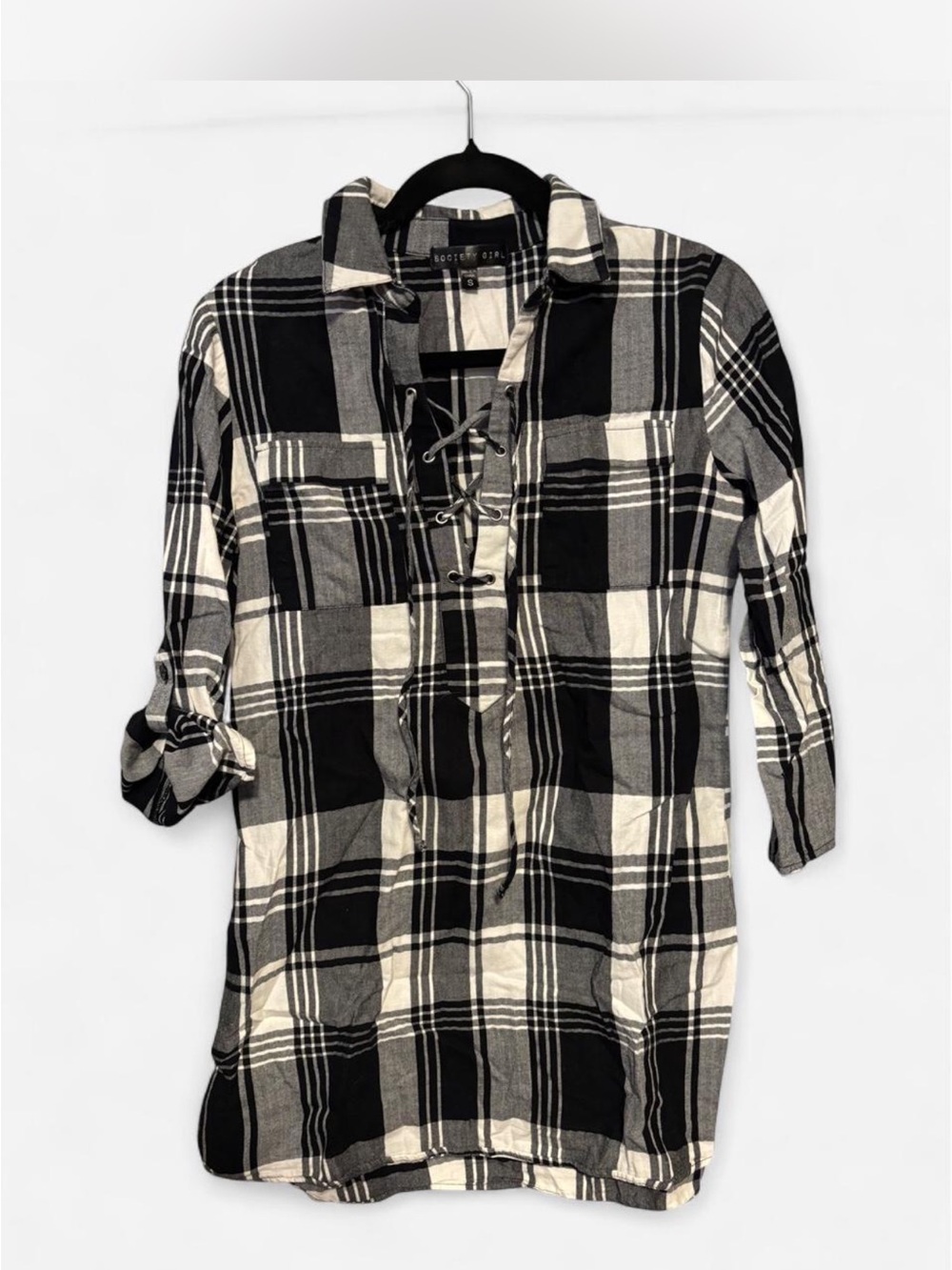 Society Girl black & white plaid lace-up shirt dress Size Small